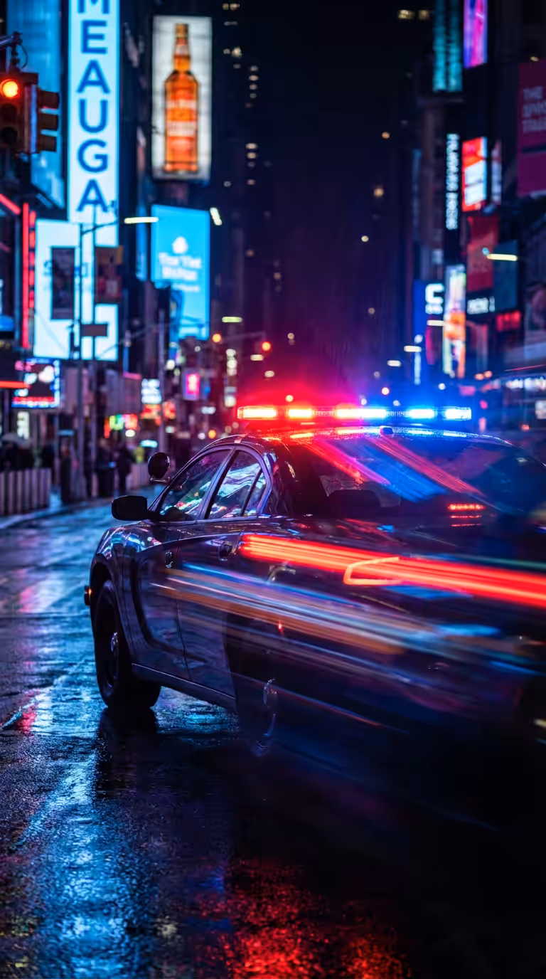 Police car with lights in a neon-lit city at night — urban sound effects