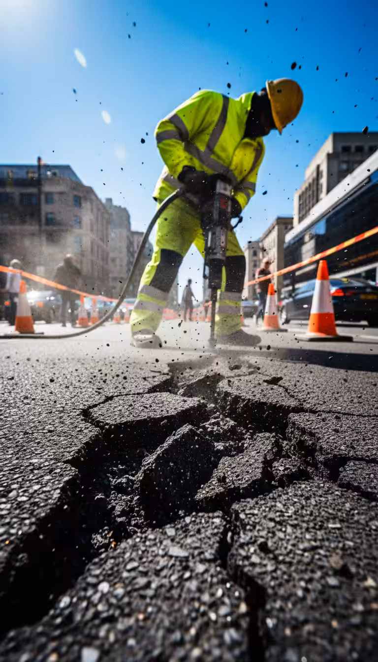 Construction worker drilling on a road — industrial sound effects