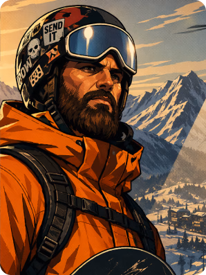 Bearded skier in bright orange jacket with sticker-covered helmet, graphic novel illustration