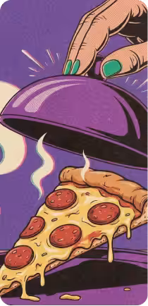AI-generated retro illustration of a hand reaching for pizza