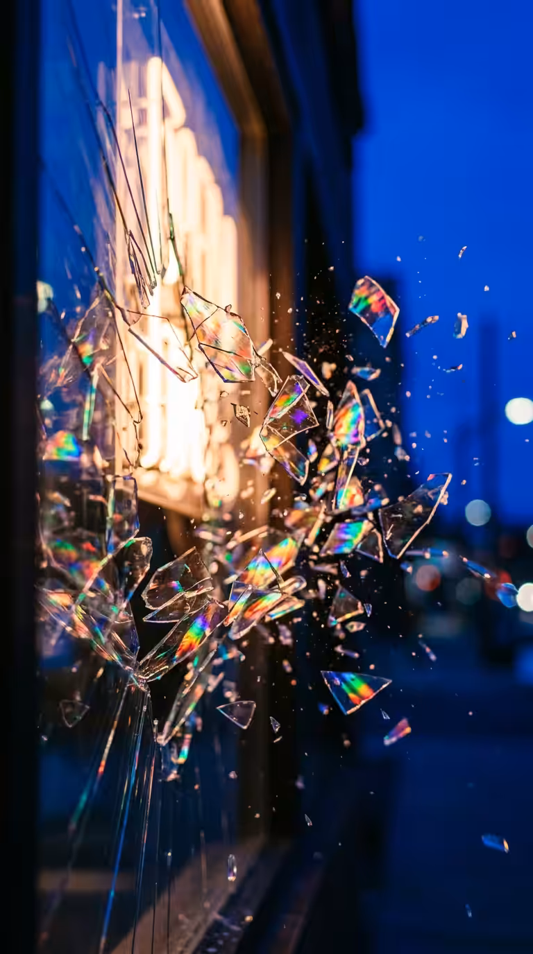 Shattered glass with light refractions — a dramatic impact sound effect